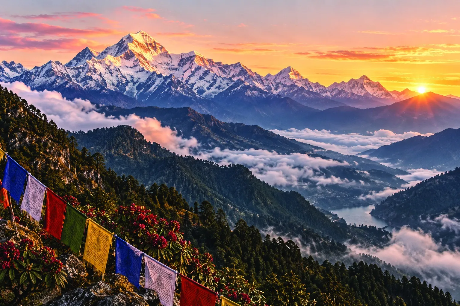 Himalayan sunrise over Sikkim with prayer flags