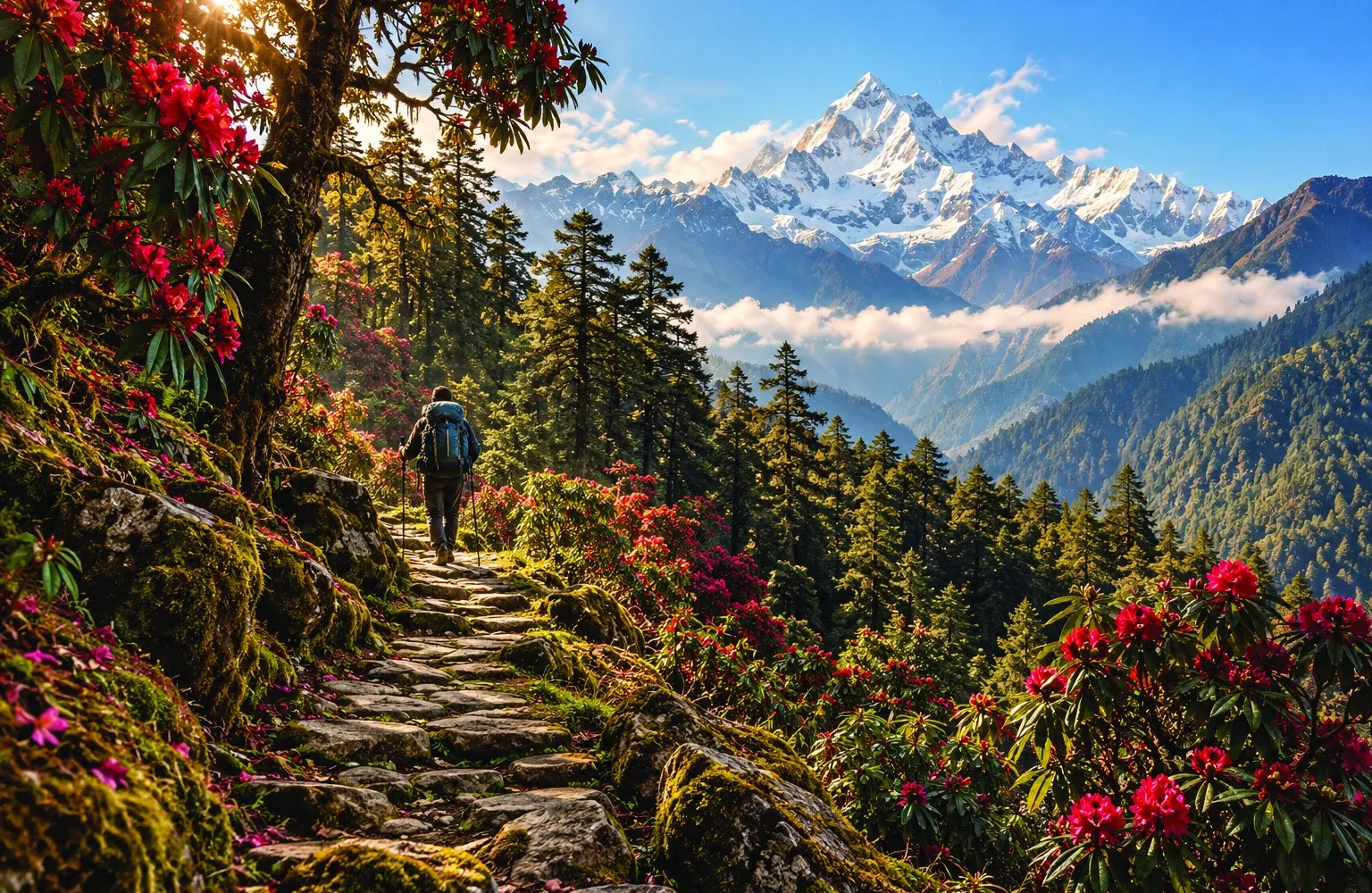 Hiking trail through rhododendron forest with a snow-capped Himalayan peak