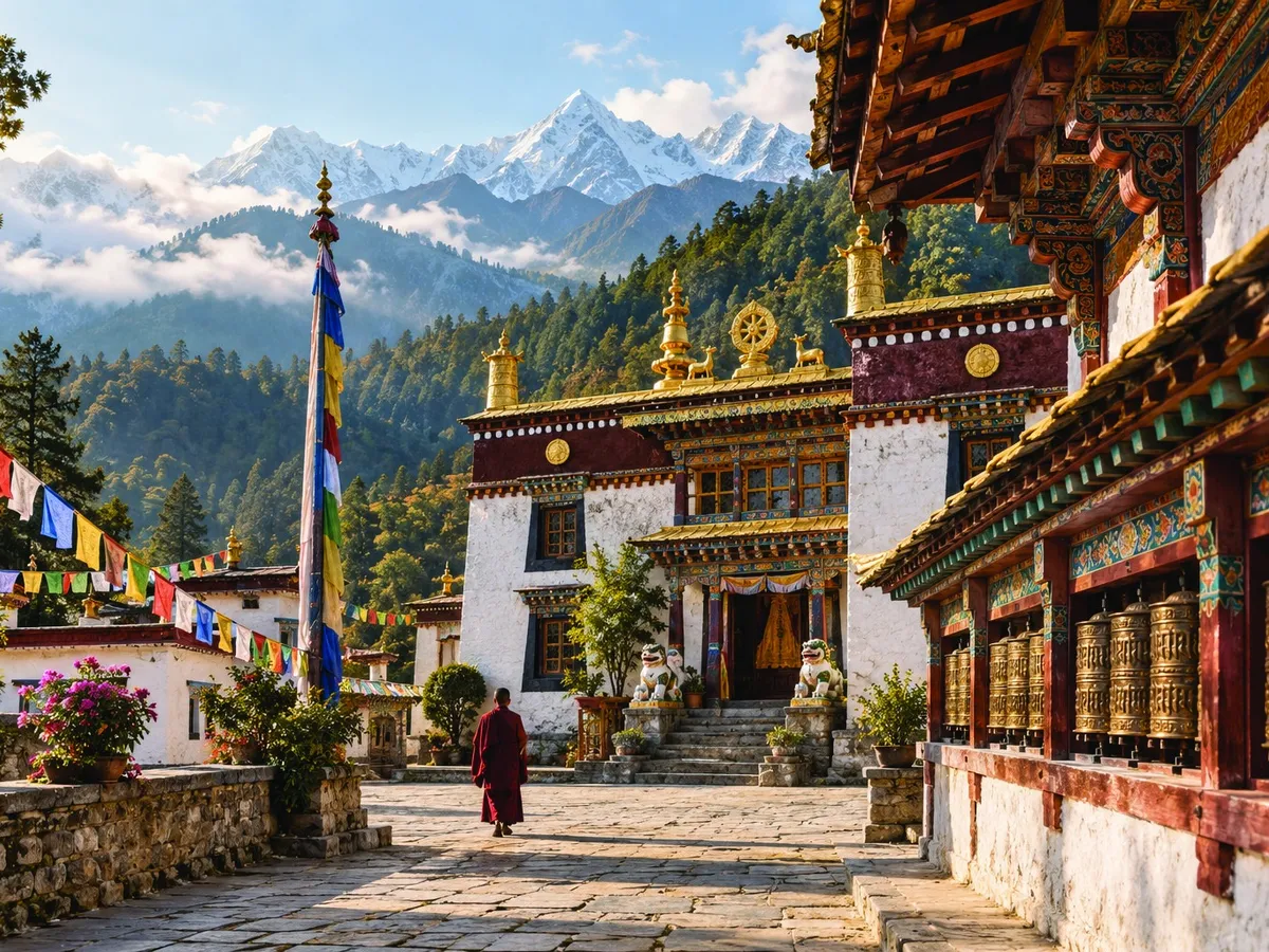 Buddhist monastery in Sikkim with prayer flags