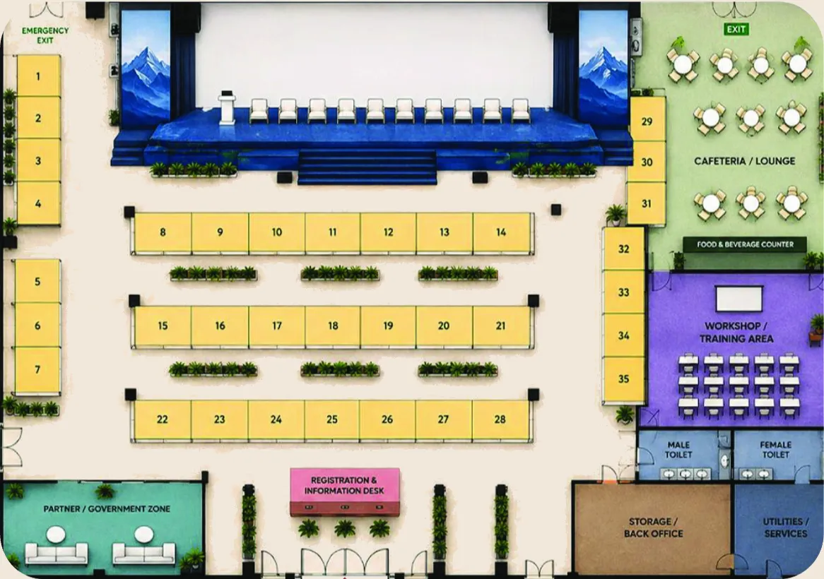 STTF 2026 illustrative venue floor plan — Ridge Park, Gangtok